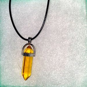Boho Natural Yellow Quartz Crystal Black Cord Necklace 16-18”